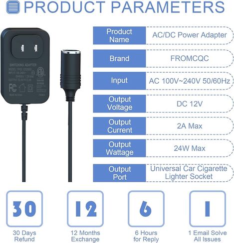 12V2A AC Power Adapter, wall Mounted Cigarette Lighter/Bucket line, Suitable for Charging car Cigarette lighters/Household appliances AC 120V-240V/DC 12V (24W) Compatible with 12V 1.0A 1.5A 2.0A in Kuwait