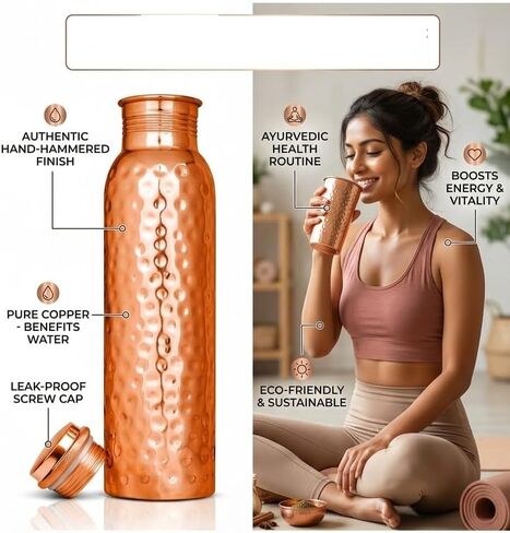 Copper Water Bottle - 34oz - Handcrafted Ayurvedic 100% Pure Copper Water Bottle for Drinking |Men & Women| Leak-Proof Lid BPA Free Non-Insulated & Eco Friendly with Premium Quality for Sport in Saudi Arabia