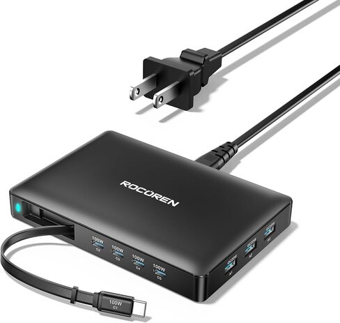 كتلة شاحن USB C بقدرة 560 واط، محطة شحن USB C رفيعة للغاية بـ 8 منافذ Rocoren مع كابل قابل للسحب، محور محطة شحن USB سريع 100 واط PD لأجهزة MacBook Pro/Air، iPad، iPhone 17/16/15، Samsung in Kuwait