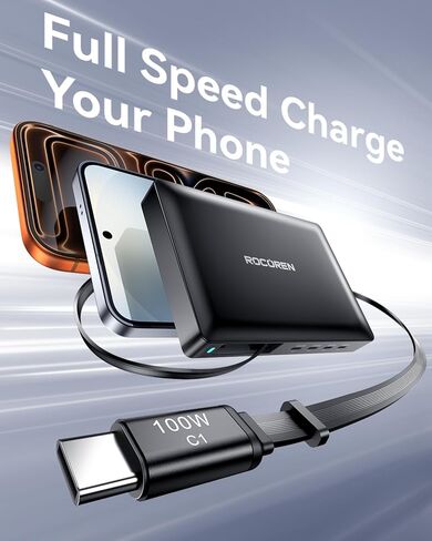 كتلة شاحن USB C بقدرة 560 واط، محطة شحن USB C رفيعة للغاية بـ 8 منافذ Rocoren مع كابل قابل للسحب، محور محطة شحن USB سريع 100 واط PD لأجهزة MacBook Pro/Air، iPad، iPhone 17/16/15، Samsung in Kuwait
