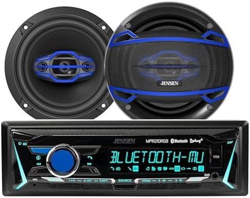 JENSEN MPR210RGB 12-Character LCD Single DIN RGB Custom Colors Car Stereo & JS6504 High-Performance 6.5-inch Car Speakers Bundle in Kuwait