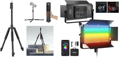 NEEWER ST195 Photography Light Stand 1.5-6.4ft/47-195cm Aluminum Reversible Studio Lighting Tripod for Strobe Camera Softbox + AP100C 105W RGB LED Panel Video Light Kit with Barn Doors, 1200 LEDs in Kuwait