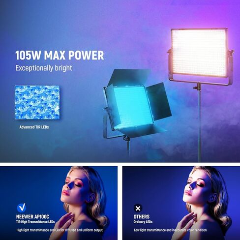 NEEWER ST195 Photography Light Stand 1.5-6.4ft/47-195cm Aluminum Reversible Studio Lighting Tripod for Strobe Camera Softbox + AP100C 105W RGB LED Panel Video Light Kit with Barn Doors, 1200 LEDs in Kuwait