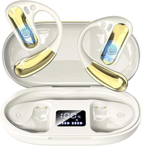 Open Ear Headphones, Bluetooth 5.4 Wireless Earbuds with Ear Hooks, 60H Playtime, AI Clear Call, LED Display Charging Case, IPX7 Waterproof Sports Earphones for Running Workouts Commute, White in Kuwait