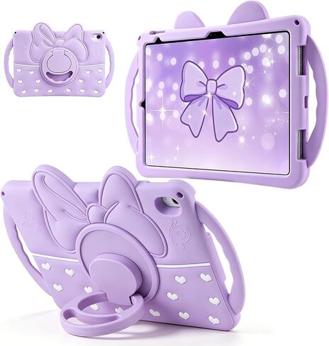 Coolden for iPad (A16) 11th Generation Case 11 Inch 2025 iPad 10th Generation Case 10.9 Inch 2022 for Kids Girls Cute Bowknot Heart Silicone Shockproof Cover with Handle 360° Rotating Stand-Purple in Kuwait