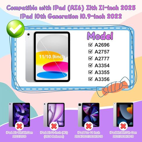 Coolden for iPad (A16) 11th Generation Case 11 Inch 2025 iPad 10th Generation Case 10.9 Inch 2022 for Kids Girls Cute Bowknot Heart Silicone Shockproof Cover with Handle 360° Rotating Stand-Purple in Kuwait