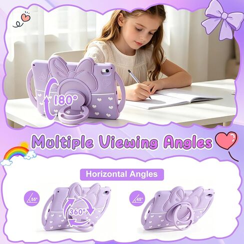 Coolden for iPad (A16) 11th Generation Case 11 Inch 2025 iPad 10th Generation Case 10.9 Inch 2022 for Kids Girls Cute Bowknot Heart Silicone Shockproof Cover with Handle 360° Rotating Stand-Purple in Kuwait