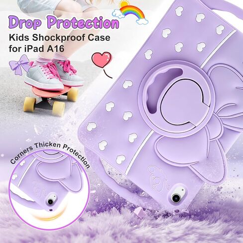 Coolden for iPad (A16) 11th Generation Case 11 Inch 2025 iPad 10th Generation Case 10.9 Inch 2022 for Kids Girls Cute Bowknot Heart Silicone Shockproof Cover with Handle 360° Rotating Stand-Purple in Kuwait