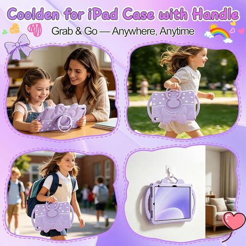 Coolden for iPad (A16) 11th Generation Case 11 Inch 2025 iPad 10th Generation Case 10.9 Inch 2022 for Kids Girls Cute Bowknot Heart Silicone Shockproof Cover with Handle 360° Rotating Stand-Purple in Kuwait