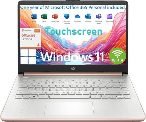 HP Touchscreen Laptop Computer for Student Home Study, 1-Year Office 365, Intel Processor, 8GB RAM, 256GB PCIe SSD, WiFi 6, BT 5.4, 14 inch, Webcam, Type-C, HDMI, Pale Rose Gold, Windows 11S (Renewed) in Kuwait