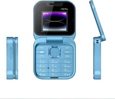 هاتف I16 Pro Mini Flip، شاشة 1.77 بوصة عالية الدقة، ثنائي شريحة الاتصال 2G GSM، تصميم قابل للطي مع أزرار كبيرة، راديو FM، ذاكرة وصول عشوائي 32 ميجابايت، متوفر بألوان متعددة، لكبار السن (أزرق) in Kuwait