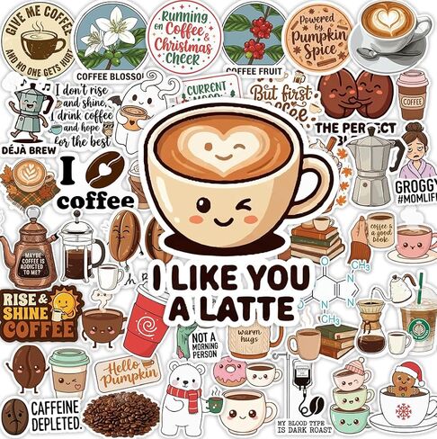 مجموعة ملصقات القهوة 46 حزمة. ملصقات أكواب القهوة المضحكة اللطيفة من Kawaii لزجاجات المياه وأجهزة الكمبيوتر المحمولة والأكواب والمخططين. ماتي الفينيل. هدايا محبي القهوة، هدايا الحفلات وديكور بار القهوة in Kuwait