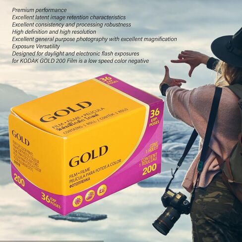 Gold 200 Color Negative Film, Professional ISO 200 35mm 36 Exposures Color Negative Film for Kodak Cameras, High Clarity and Resolution Small and Compact, Easy to Store and Carry in Kuwait