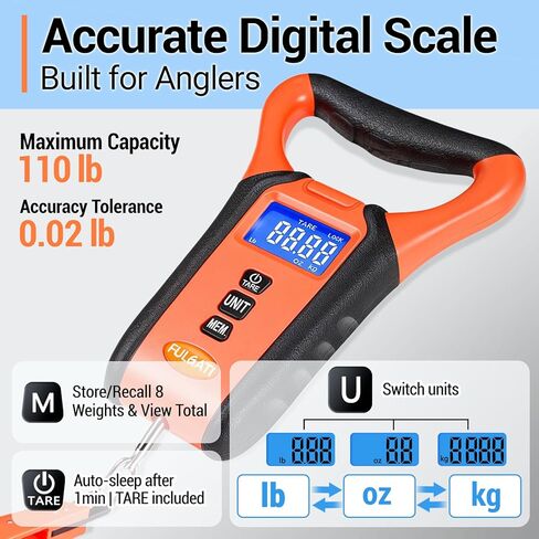 Fish Scale Floating Waterproof Digital Fishing Scale with Lip Grip, Replaceable Hook, LCD Display, 110lb Capacity, Auto Hold, Multiple Units(LB/OZ/KG), Included Measuring Tape – Ideal for Anglers in Kuwait