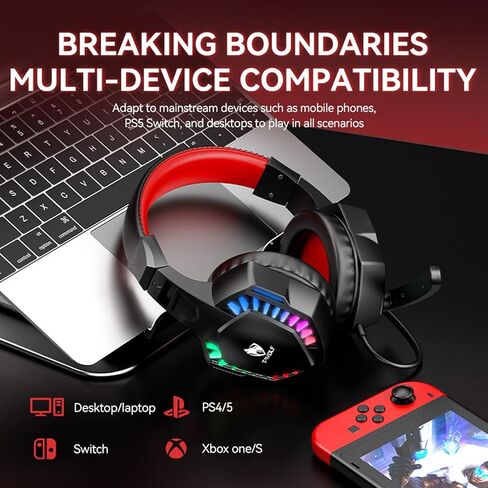 سماعة ألعاب لوحدة تحكم PS4 PS5، سماعات رأس بخاصية إلغاء الضوضاء فوق الأذن مع ميكروفون، أغطية أذن ناعمة لسلسلة نينتندو، ضوء LED، صوت محيطي ستيريو 7.1 in Kuwait
