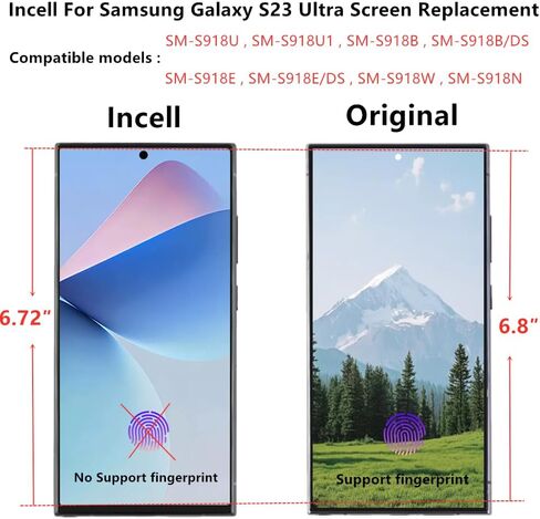INCELL for Samsung Galaxy S23 Ultra Screen Replacement S23Ultra 5G LCD Display SM-S918U SM-S918U1 Display Touch Screen Assembly No Fingerprint. (with Black Frame+Back Cover Adhesive+Tools) in Saudi Arabia
