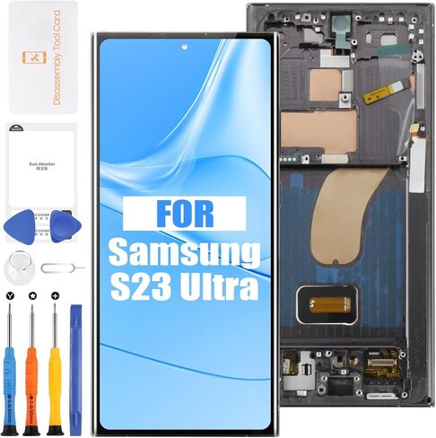 استبدال شاشة Samsung Galaxy S23 Ultra AMOLED مع إطار - مجموعة عرض كاملة ومجموعة أدوات كاملة - تصميم منطقة عرض زوايا مستديرة (إصدار أمريكي أسود) in Kuwait