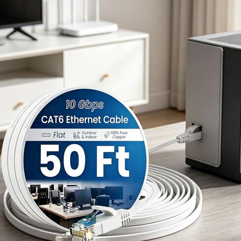 كابل إيثرنت Cat 6 بطول 50 قدم، سلك شبكة RJ45 LAN مسطح بسرعة 10 جيجابت في الثانية، سلك إنترنت عالي السرعة لجهاز بث وحدة تحكم ألعاب الكمبيوتر بمودم راوتر - أبيض in Kuwait