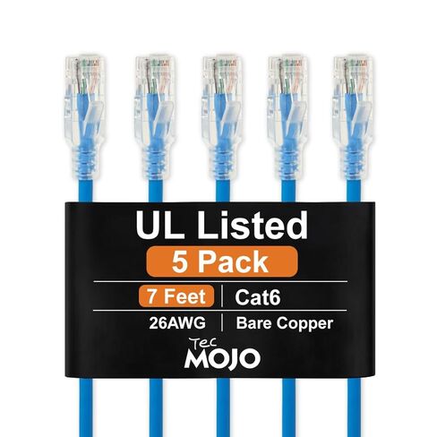 كابل إيثرنت Cat6 بطول 7 أقدام من Tecmojo UL، موصلات نحاسية نقية 26AWG بنسبة 100%، كابل شبكة Cat6، Snagless RJ45 لجهاز التوجيه والمودم وXbox والكمبيوتر المحمول والخوادم، 5 عبوات، أزرق in Kuwait