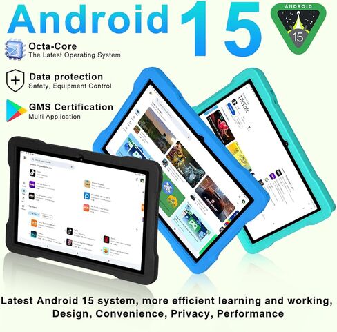 تابلت للأطفال 10 بوصة أندرويد 15، 30 جيجابايت رام 64 جيجابايت روم 1 تيرابايت توسيع، تابلت ثماني النواة مع Gemini AI، 6000 مللي أمبير، 5G واي فاي، شاشة HD IPS، Widevine L1، التحكم الأبوي، حافظة EVA مقاومة للسقوط (أسود) in Kuwait