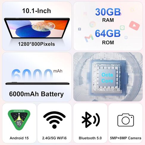 تابلت للأطفال 10 بوصة أندرويد 15، 30 جيجابايت رام 64 جيجابايت روم 1 تيرابايت توسيع، تابلت ثماني النواة مع Gemini AI، 6000 مللي أمبير، 5G واي فاي، شاشة HD IPS، Widevine L1، التحكم الأبوي، حافظة EVA مقاومة للسقوط (أسود) in Kuwait