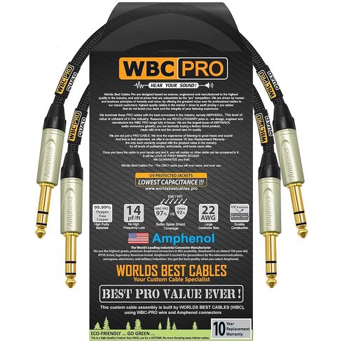 2 Units - 2 Foot - WBC-PRO-Quad Ultra-Silent Ultra-Flexible Balanced Star-Quad Cable with Amphenol QS3P-AU ¼ Inch (6.35mm) Gold Straight TRS Stereo Phone Plugs & Black Tweed Jacket in Kuwait