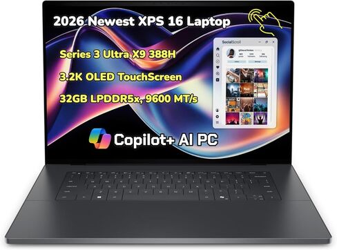 2026 NewDe.l.l XPS16 Ultra-thin & Lightweight Laptop 16.0" 3.2K OLED TouchScreen Series 3 Ultra X7 358H Processor 32GB RAM LPDDR5X,9600 MT/s 1TB SSD Copilot+ AI Backlit RGB-IR Cam WiFi 7 Win 11Pro in Saudi Arabia