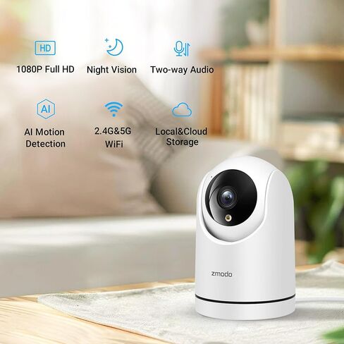 كاميرا أمان لاسلكية Zmodo تدور 360 درجة، دقة 1080 بكسل عالية الدقة، كشف الذكاء الاصطناعي الذكي، رؤية ليلية، صوت ثنائي الاتجاه، واي فاي 2.4/5 جيجا هرتز (1) in Kuwait