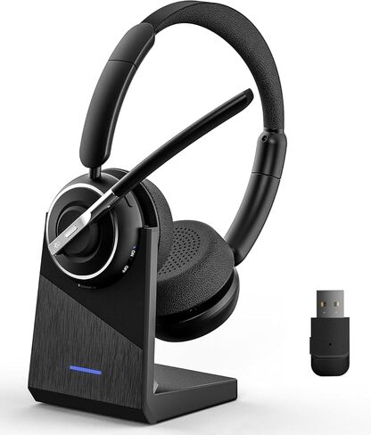(2025 Upgraded) Wireless Headset with Mic for Work, Bluetooth Headset with Noise Canceling Microphone with Dongle, Charging Base & Mic Mute, Wireless Headphones for Work from Home/PC/Computer in Kuwait