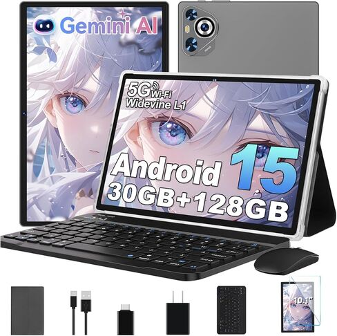 Android 15 Tablet, 30GB RAM + 128GB ROM 1TB TF, 2025 Tablet with Keyboard and Mouse, 10.1 inch Touchscreen, 8000mAh Battery, Incell Display, 2.0GHz, Gemini AI, 5G WiFi, BT 5.0, GPS - Metal Black in Kuwait
