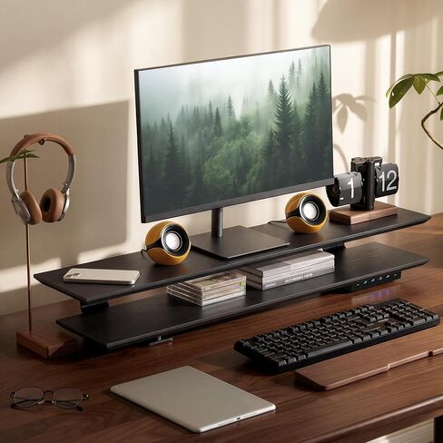 2-Tier Dual Monitor Riser with 6-Port Hub – 39.4" Extra Wide Solid Wood Plywood Desk Stand for Dual Monitors, 30w Fast Charging USB C/A Ports, Heavy Duty Desk Organizer, Black Wood Grain Finish in Kuwait