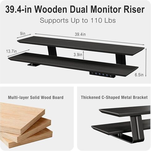 2-Tier Dual Monitor Riser with 6-Port Hub – 39.4" Extra Wide Solid Wood Plywood Desk Stand for Dual Monitors, 30w Fast Charging USB C/A Ports, Heavy Duty Desk Organizer, Black Wood Grain Finish in Kuwait