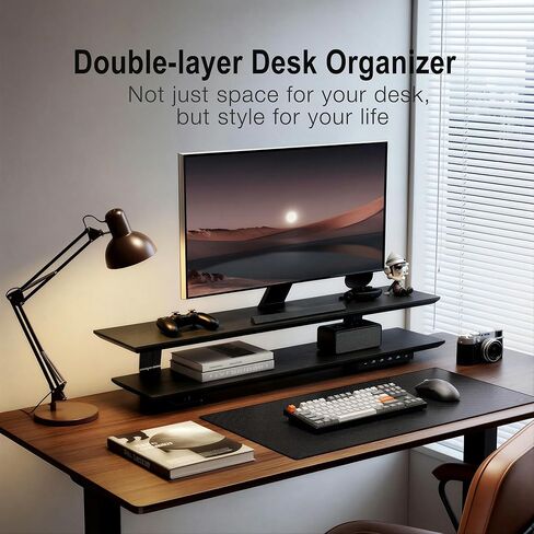 2-Tier Dual Monitor Riser with 6-Port Hub – 39.4" Extra Wide Solid Wood Plywood Desk Stand for Dual Monitors, 30w Fast Charging USB C/A Ports, Heavy Duty Desk Organizer, Black Wood Grain Finish in Kuwait