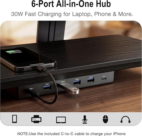 2-Tier Dual Monitor Riser with 6-Port Hub – 39.4" Extra Wide Solid Wood Plywood Desk Stand for Dual Monitors, 30w Fast Charging USB C/A Ports, Heavy Duty Desk Organizer, Black Wood Grain Finish in Kuwait