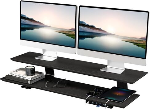2-Tier Dual Monitor Riser with 6-Port Hub – 39.4" Extra Wide Solid Wood Plywood Desk Stand for Dual Monitors, 30w Fast Charging USB C/A Ports, Heavy Duty Desk Organizer, Black Wood Grain Finish in Kuwait