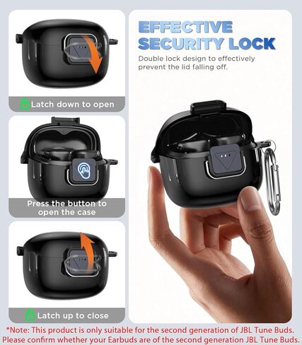 WADVCU[Upgrade Secure Lock] for JBL Tune Buds 2 Case Cover with Cleaner kit, Protective TPU Transparent Hard Shell ONLY Compatible with JBL Tune Buds 2nd Gen Earbuds Charging Case with Keychain(Black) in Kuwait
