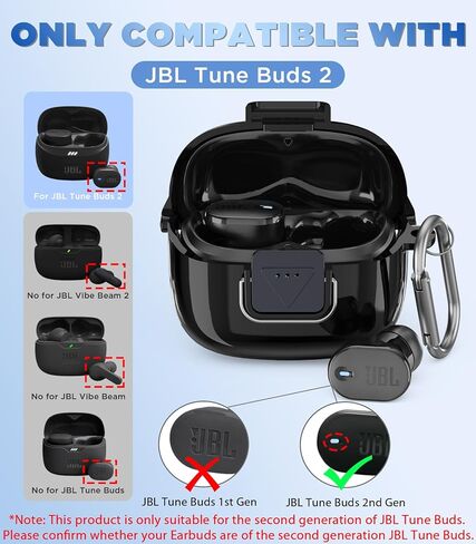 WADVCU[Upgrade Secure Lock] for JBL Tune Buds 2 Case Cover with Cleaner kit, Protective TPU Transparent Hard Shell ONLY Compatible with JBL Tune Buds 2nd Gen Earbuds Charging Case with Keychain(Black) in Kuwait