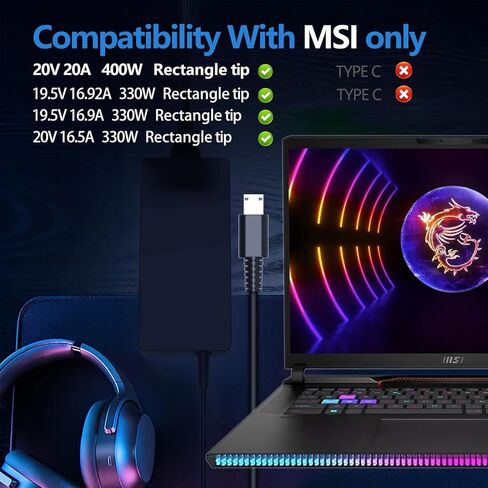 400W 20V 20A AC Adapter for MSI Raider Titan 18 HX AI A2XWJG A2XWIG Vector A18 HX A9WIG A9WHG Laptop Charger A23-400P1A A400A001P ADP-400CB B Power Supply in Kuwait