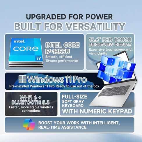 HP 15 Touchscreen Business Laptop - Win 11 Pro | Free Office 365 for The Web | 15.6" FHD Anti-Glare Display | Intel 10-Core i7 1355U | 16GB RAM + 512GB SSD | Intel Iris Xe GPU | Wi-Fi 6 | Copilot in Kuwait