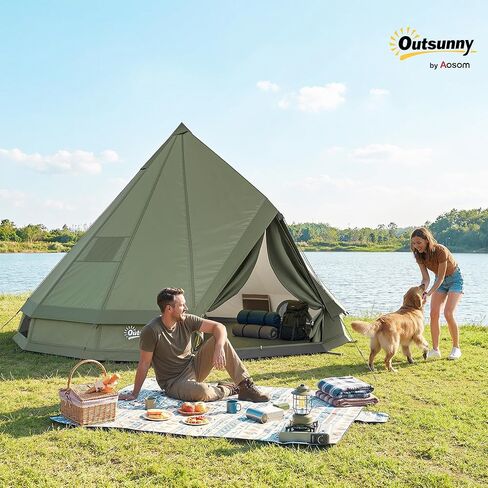 Outsunny Teepee Tent, Waterproof Camping Tent with Detachable Stove Jack, Ground Sheet and Carry Bag, for 4-6 People Outdoor Camping Hiking, Army Green in Kuwait