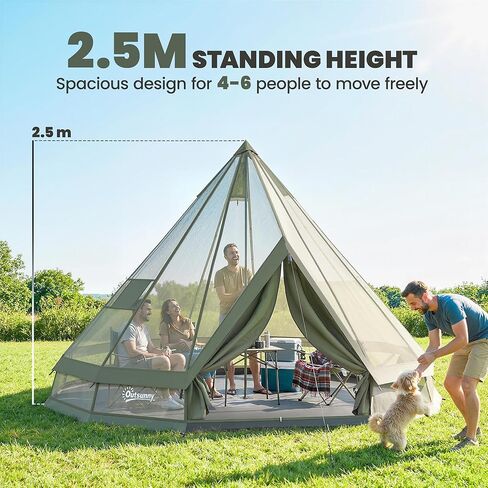 Outsunny Teepee Tent, Waterproof Camping Tent with Detachable Stove Jack, Ground Sheet and Carry Bag, for 4-6 People Outdoor Camping Hiking, Army Green in Kuwait