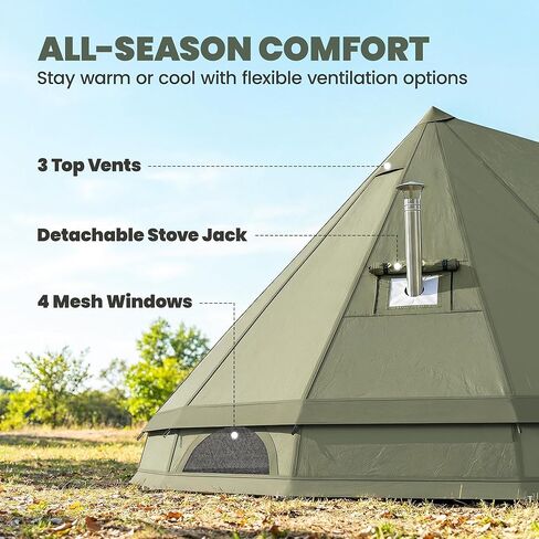Outsunny Teepee Tent, Waterproof Camping Tent with Detachable Stove Jack, Ground Sheet and Carry Bag, for 4-6 People Outdoor Camping Hiking, Army Green in Kuwait