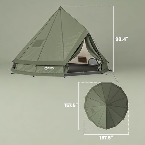 Outsunny Teepee Tent, Waterproof Camping Tent with Detachable Stove Jack, Ground Sheet and Carry Bag, for 4-6 People Outdoor Camping Hiking, Army Green in Kuwait