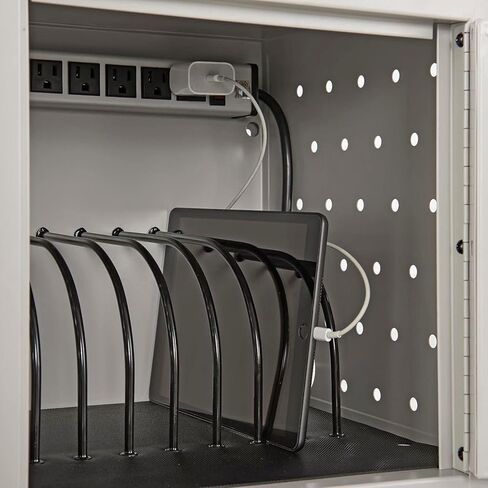 Global Industrial Wall or Desk Tablet Charging Station, Up to 8 Device Capacity, Steel Construction, 19" W x 13" D x 14" H, 120V, 30 Lbs Capacity, Beige, Assembled in Kuwait