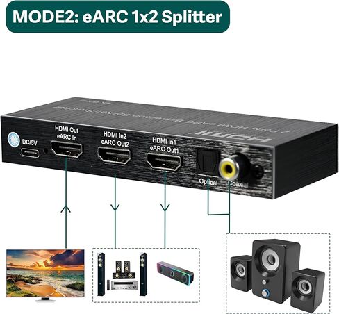 موزع HDMI eARC 4K@60 هرتز 1 في 2، محول HDMI 2 في 1 مع مستخرج صوت eARC لمكبر الصوت، مكبر الصوت، دعم EDID، Toslink SPDIF البصري، محوري in Kuwait
