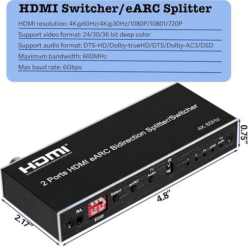 موزع HDMI eARC 4K@60 هرتز 1 في 2، محول HDMI 2 في 1 مع مستخرج صوت eARC لمكبر الصوت، مكبر الصوت، دعم EDID، Toslink SPDIF البصري، محوري in Kuwait