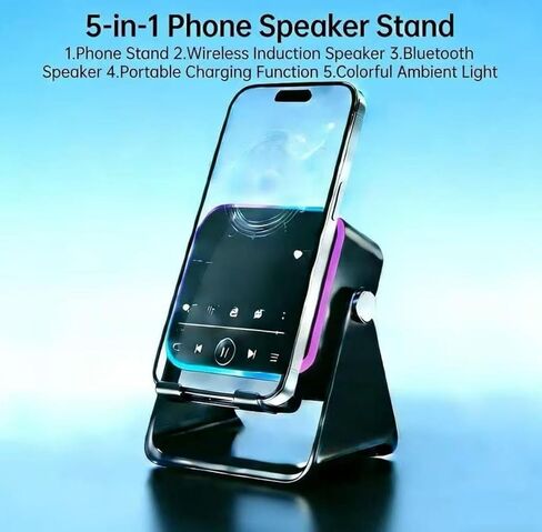 5-in-1 Wireless Induction Speaker,360°Adjustable Phone Stand with Wireless Bluetooth Speaker, Stereo Sound, Multiple RGB Ambient Lights,3500mAh Rechargeable Compatible with iPhone Gifts for Men Women in Kuwait