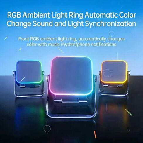 5-in-1 Wireless Induction Speaker,360°Adjustable Phone Stand with Wireless Bluetooth Speaker, Stereo Sound, Multiple RGB Ambient Lights,3500mAh Rechargeable Compatible with iPhone Gifts for Men Women in Kuwait