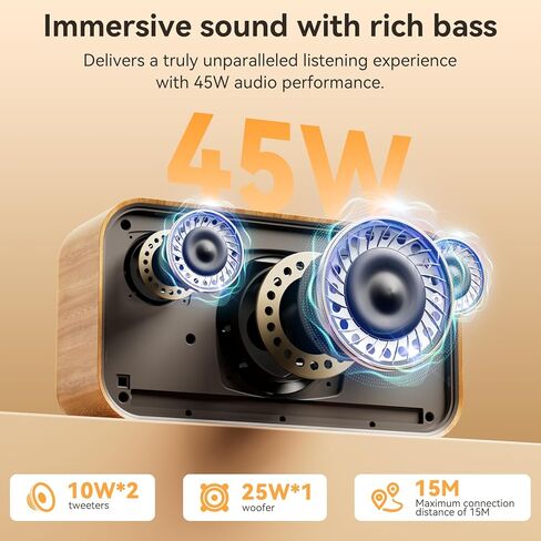 Bluetooth Speaker 45W(Peak) Wireless Portable Speaker with Bass, TWS Pairing, AUX, TF Card, Voice Assistant, Loud Wireless Wood Speakers, Retro Speaker for Home Party, Outdoor Camping in Kuwait