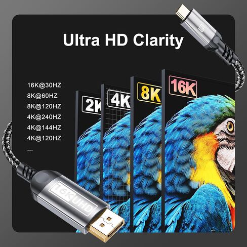 كابل USB-C إلى DisplayPort بطول 6.6 أقدام (16K@60 هرتز 8K@120 هرتز)، 80 جيجابت في الثانية سلك USB C إلى DP 2.1 Thunderbolt 3/4/5 متوافق مع MacBook Pro/Air، وiPhone 17 Pro Max، وiPad Pro، وiMac، وXPS. in Kuwait